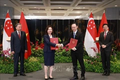 El secretario general del Partido Comunista de Vietnam, To Lam, y el primer ministro de Singapur, Lawrence Wong, presencian el intercambio de la Carta de Intención. (Fuente: VNA)